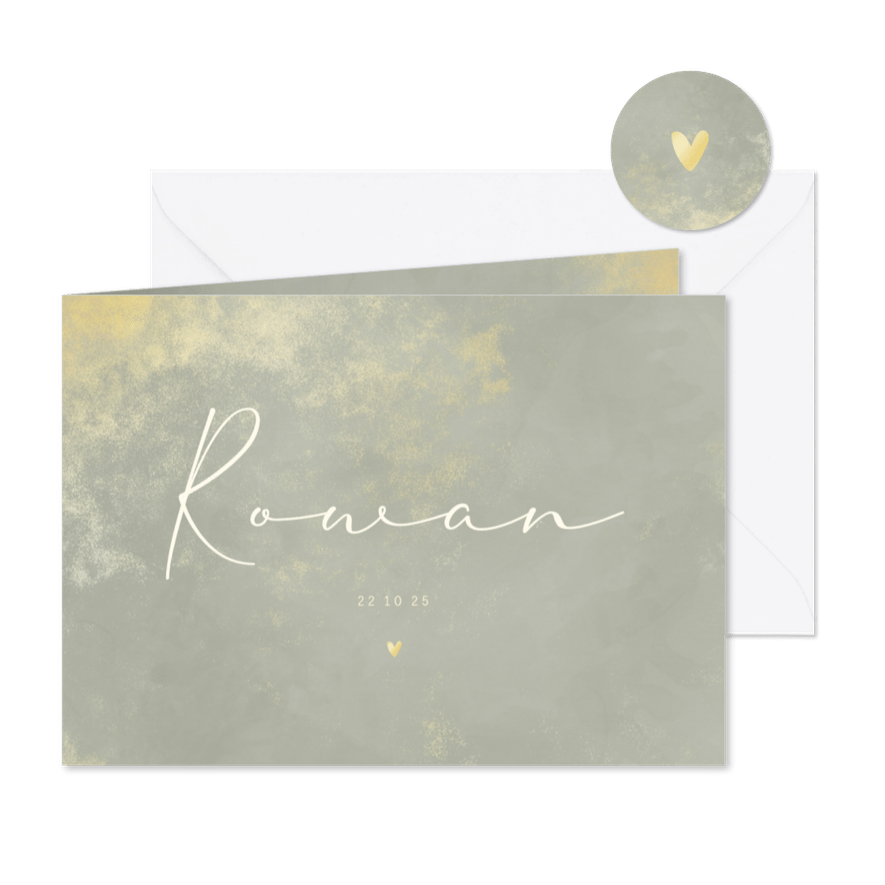 Geboortekaartje met gouden poeder en lichtgroene waterverf - Kaartimpressie