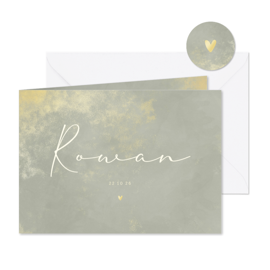 Geboortekaartje met gouden poeder en lichtgroene waterverf - Kaartimpressie