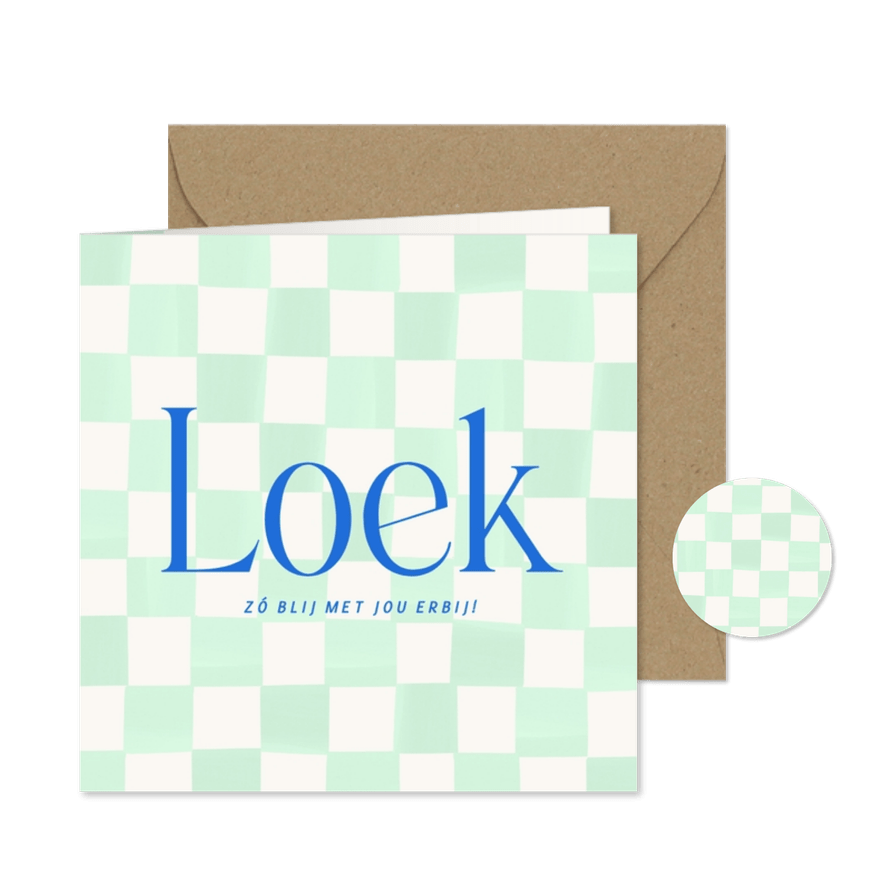 Geboortekaartje met groene blokjes en blauwe tekst - Kaartimpressie