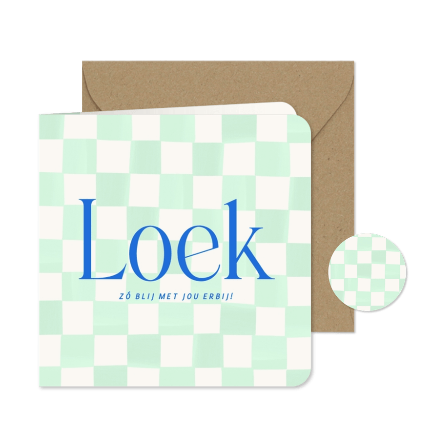 Geboortekaartje met groene blokjes en blauwe tekst - Kaartimpressie