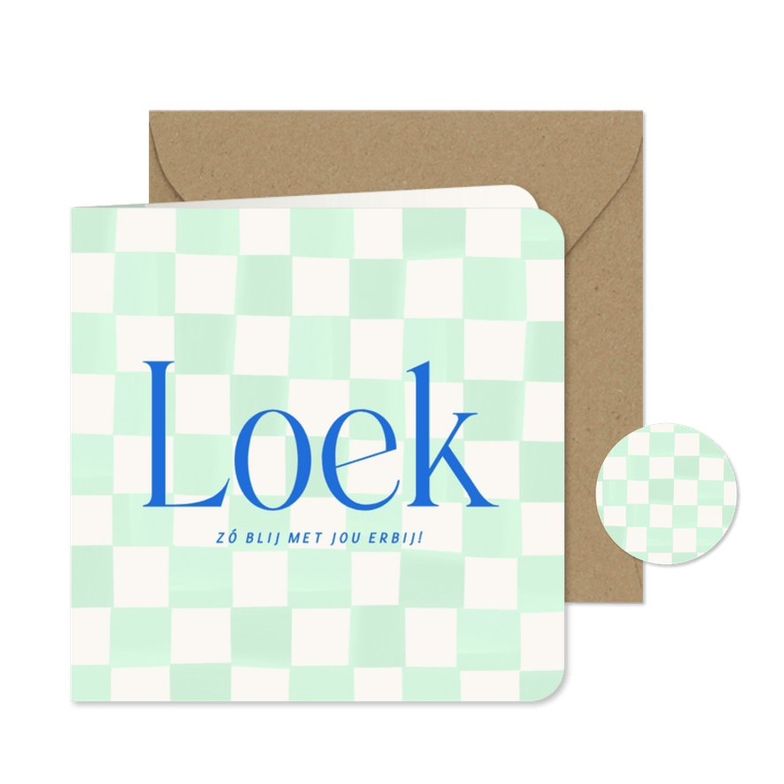 Geboortekaartje met groene blokjes en blauwe tekst - Kaartimpressie