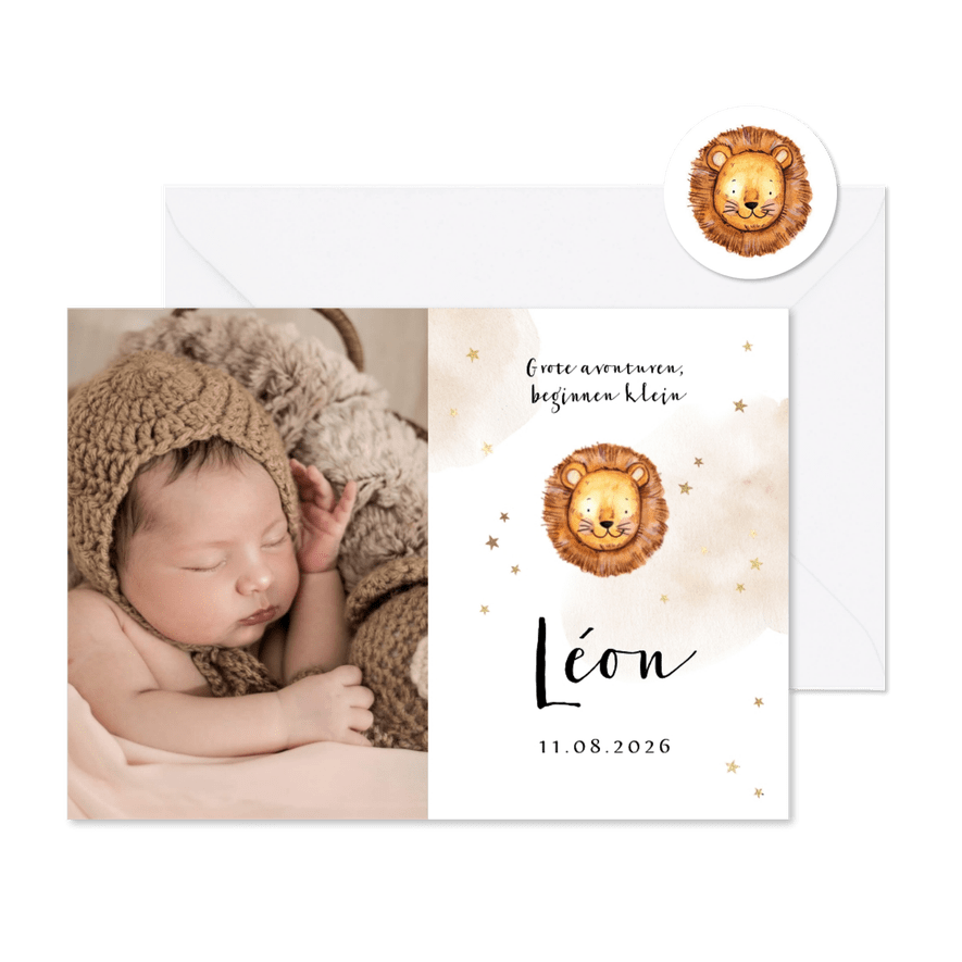 Geboortekaartje met grote foto, leeuwtje en sterretjes - Kaartimpressie