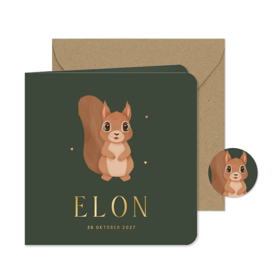 Geboortekaartje met illustratie eekhoorn donkergroen - Kaartimpressie