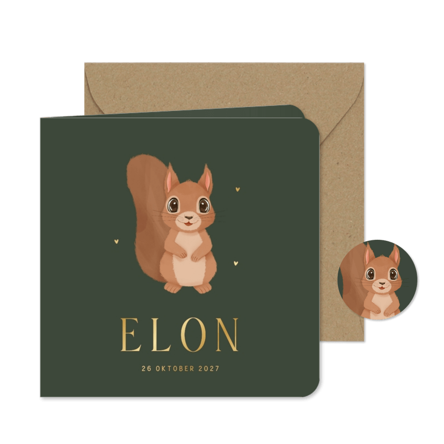 Geboortekaartje met illustratie eekhoorn donkergroen - Kaartimpressie
