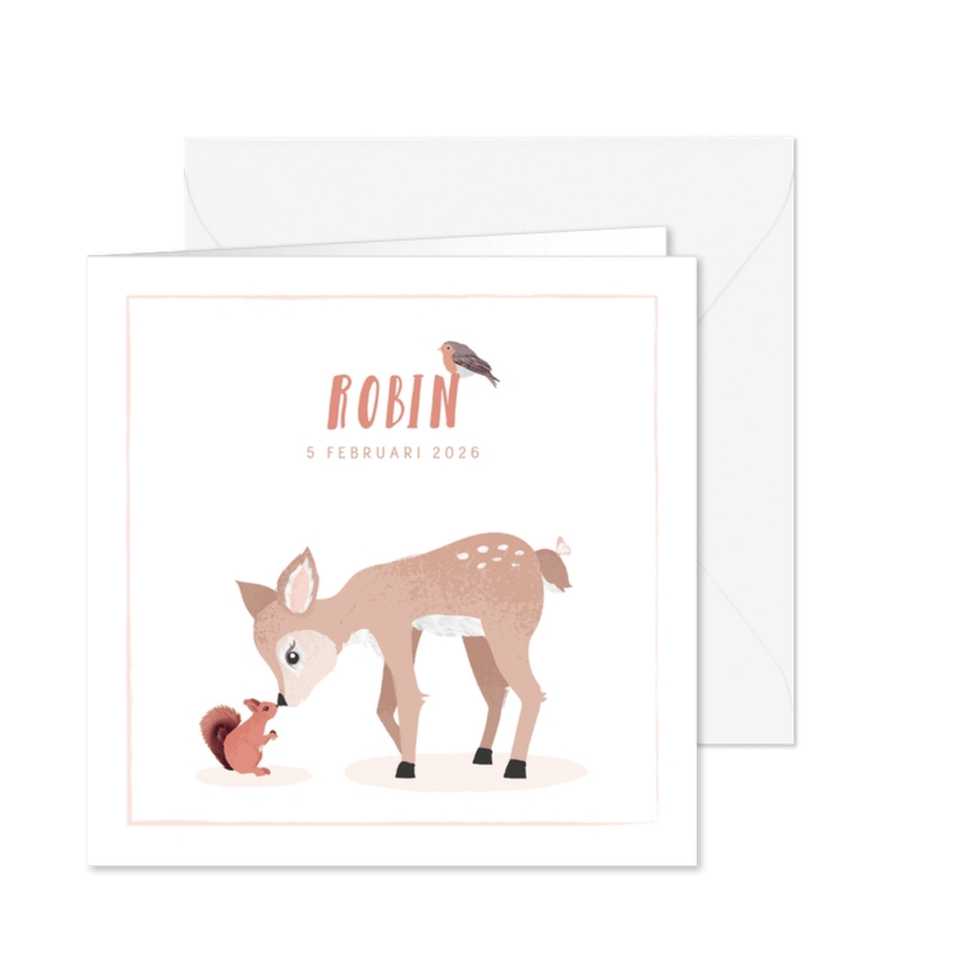 Geboortekaartje met illustratie hertje eekhoorntje vogeltje - Kaartimpressie