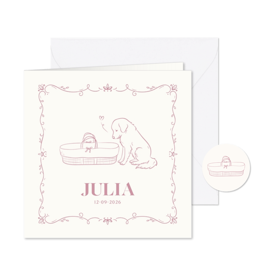 Geboortekaartje met illustratie hondje bij wieg roze - Kaartimpressie