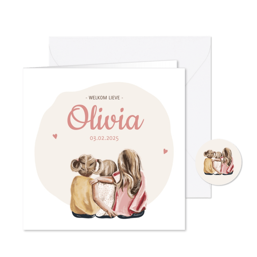 Geboortekaartje met illustratie van 3 zusjes - Kaartimpressie