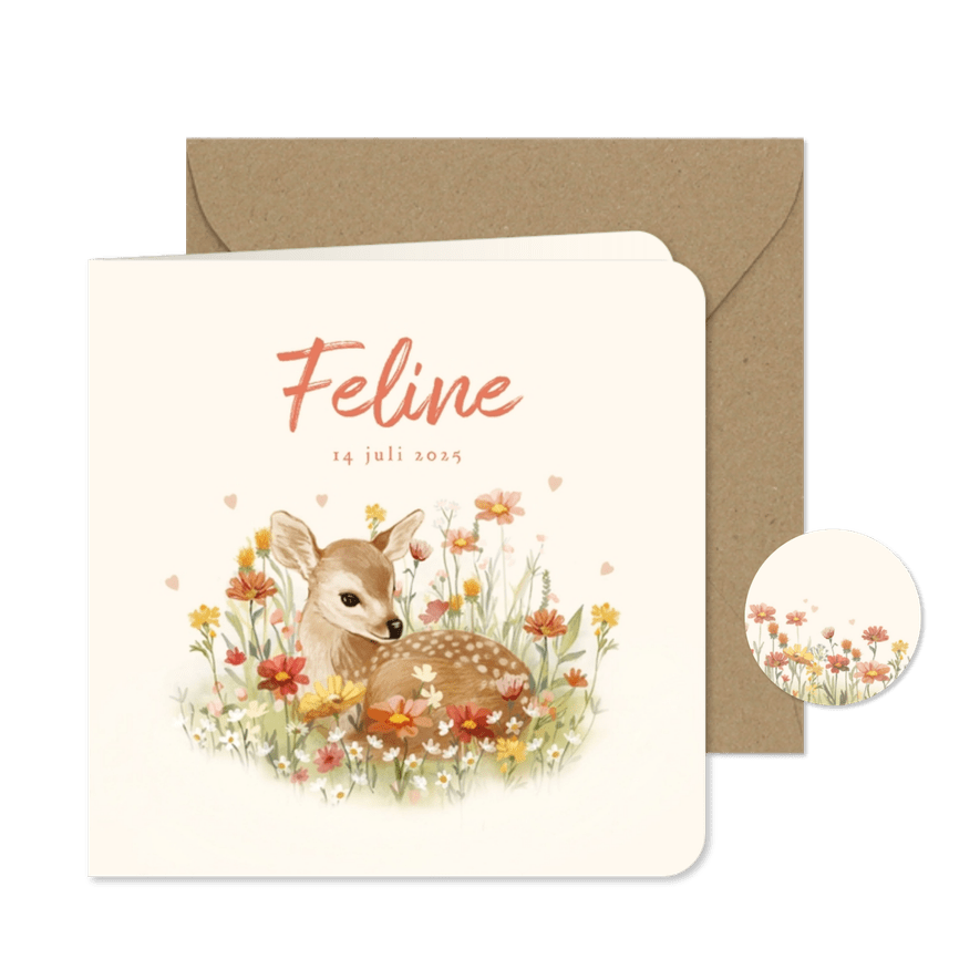 Geboortekaartje met jong hertje tussen de bloemen en hartjes - Kaartimpressie