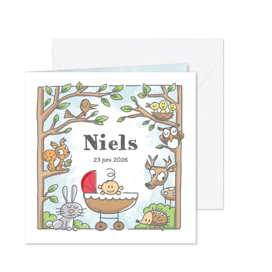 Geboortekaartje met jongen in bos met dieren - Kaartimpressie