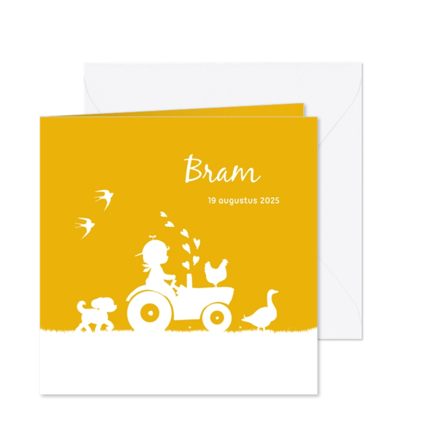 Geboortekaartje met jongetje op trekker en boerderijdieren - Kaartimpressie