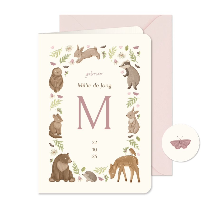 Geboortekaartje met kader van schattige dieren en plantjes - Kaartimpressie