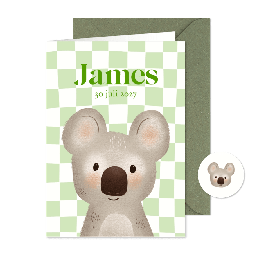 Geboortekaartje met koala met hip blokjespatroon - Kaartimpressie