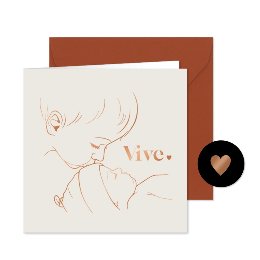 Geboortekaartje met koperlook illustratie 'broer kust baby' - Kaartimpressie