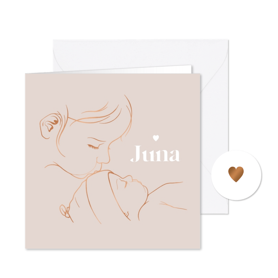 Geboortekaartje met koperlook illustratie 'zus kust baby' - Kaartimpressie