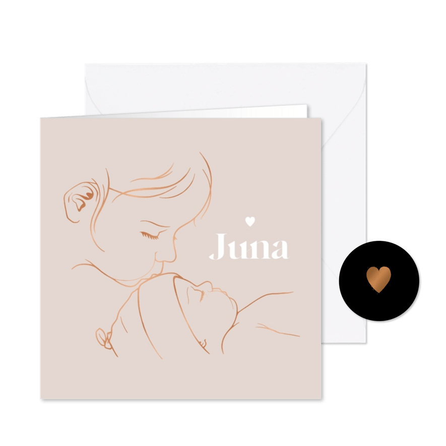 Geboortekaartje met koperlook illustratie 'zus kust baby' - Kaartimpressie