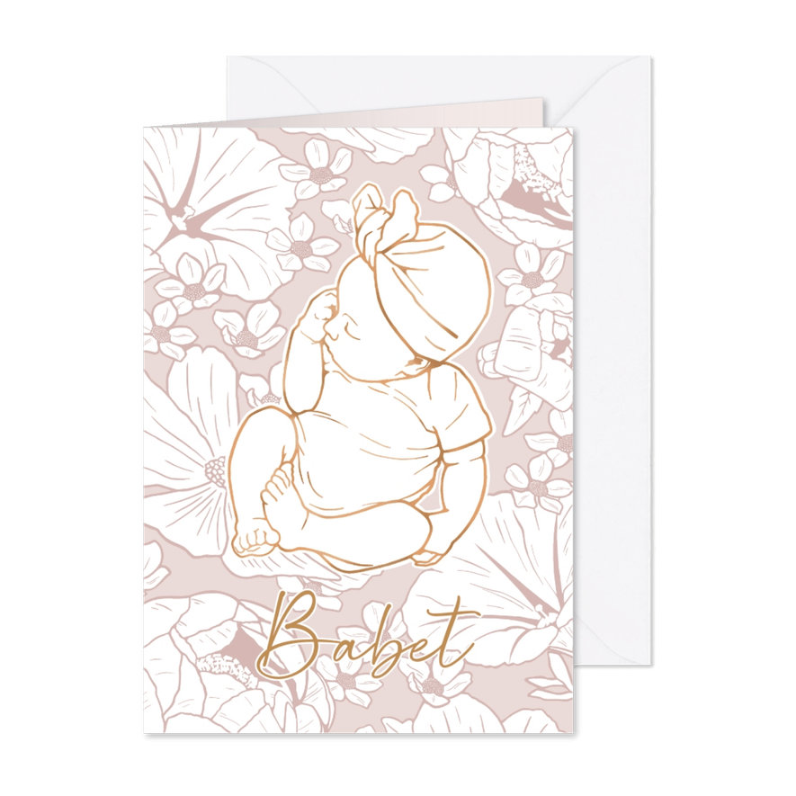 Geboortekaartje met koperlook meisje en bloemen - Kaartimpressie