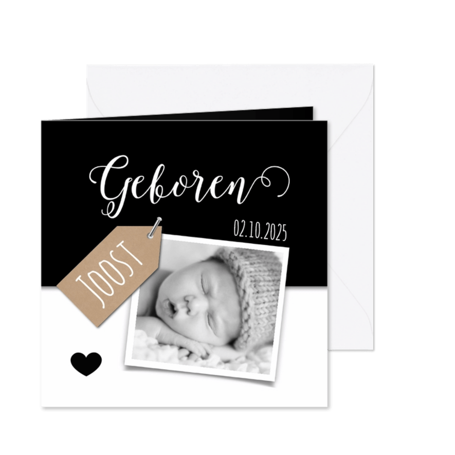 Geboortekaartje met kraft label, zwart wit en foto - Kaartimpressie