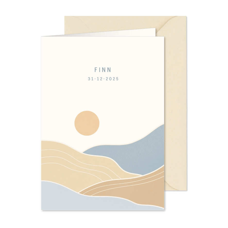 Geboortekaartje met landschap en zon in naturel tinten - Kaartimpressie