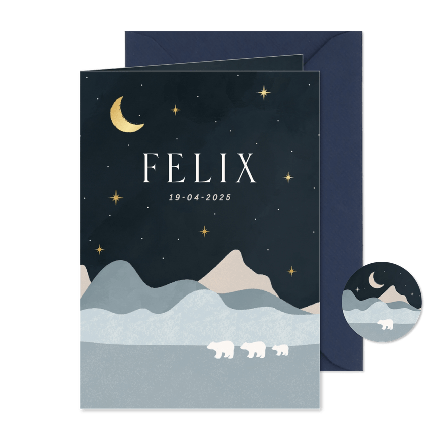 Geboortekaartje met landschap met ijsbeertjes donkerblauw - Kaartimpressie