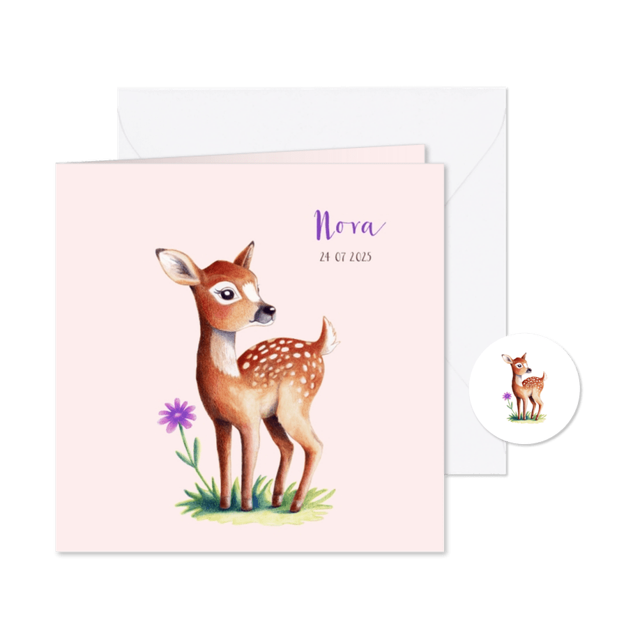 Geboortekaartje met lief hertje voor meisje - Kaartimpressie
