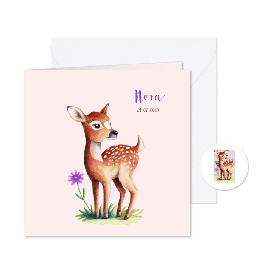 Geboortekaartje met lief hertje voor meisje - Kaartimpressie