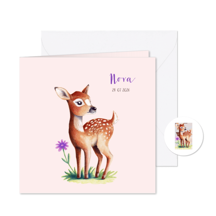 Geboortekaartje met lief hertje voor meisje  - Kaartimpressie