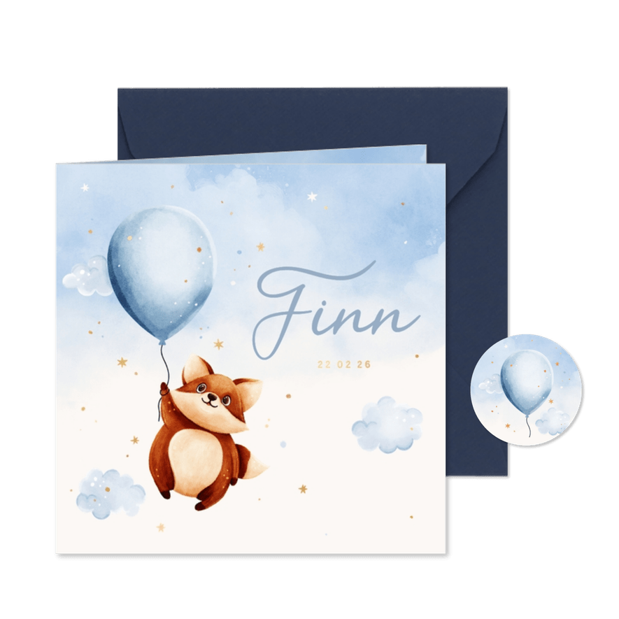 Geboortekaartje met lief vosje en een blauwe ballon - Kaartimpressie
