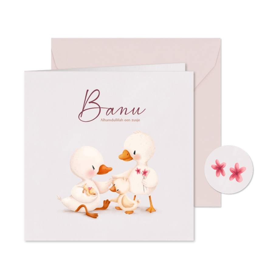 Geboortekaartje met liefdevolle familie eendjes illustratie - Kaartimpressie