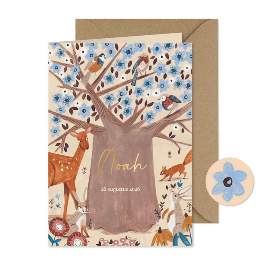 Geboortekaartje met lieve dieren om boom - Kaartimpressie