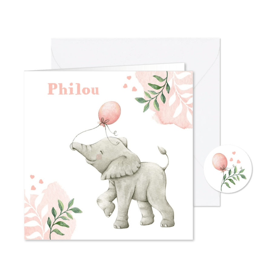 Geboortekaartje met lieve illustratie olifantje in aquarel - Kaartimpressie