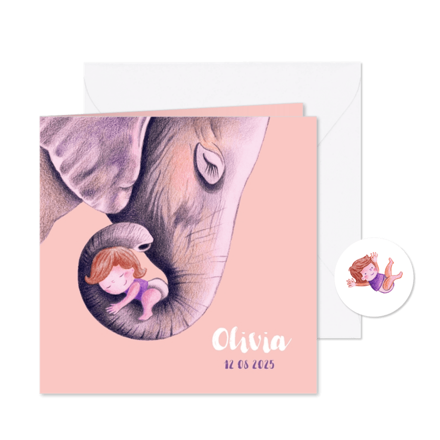 Geboortekaartje met lieve olifant illustratie - Kaartimpressie