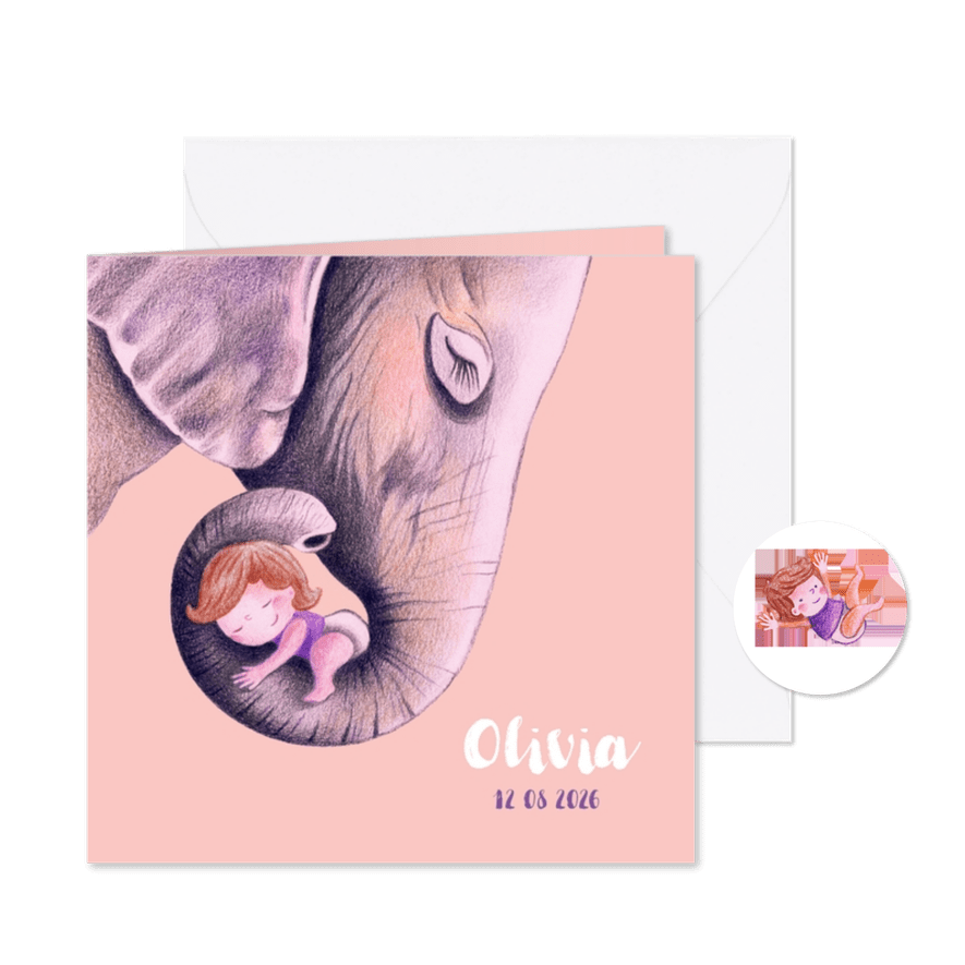 Geboortekaartje met lieve olifant illustratie - Kaartimpressie