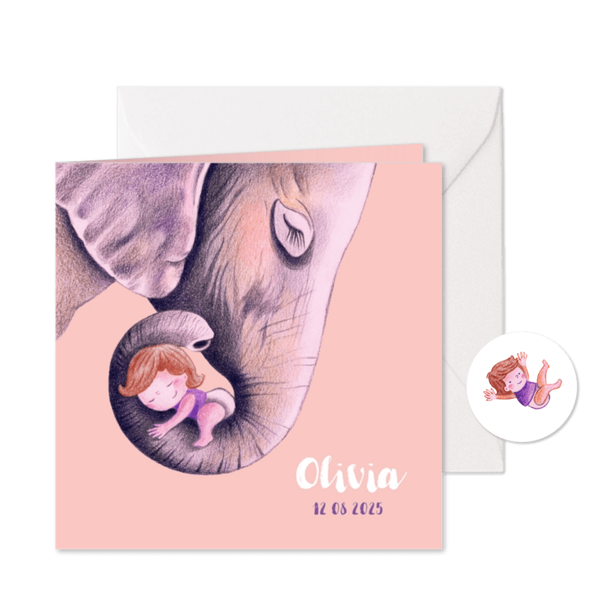 Geboortekaartje met lieve olifant illustratie - Kaartimpressie