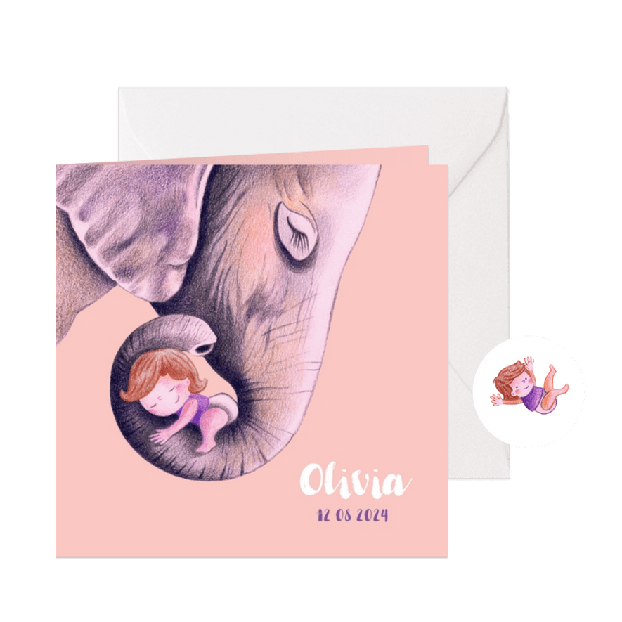 Geboortekaartje met lieve olifant illustratie - Kaartimpressie