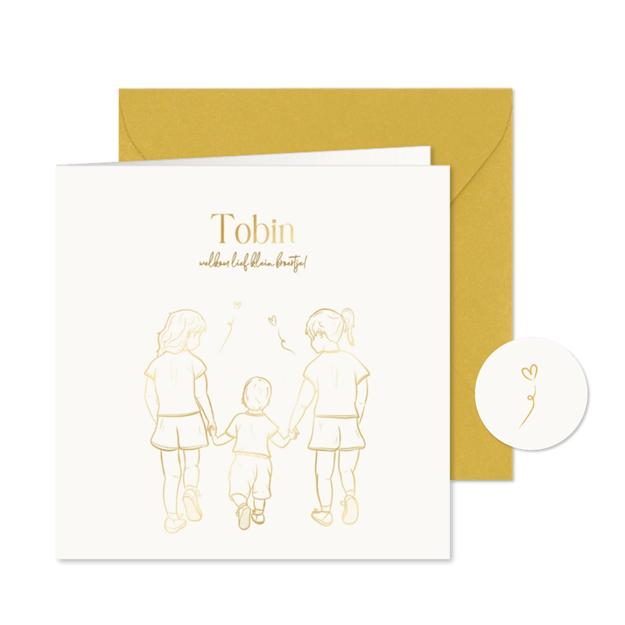 Geboortekaartje met lijntekening broertje met zussen goud - Kaartimpressie