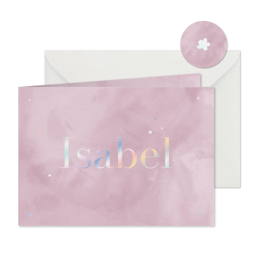Geboortekaartje met lila waterverf en holo bloempjes - Kaartimpressie