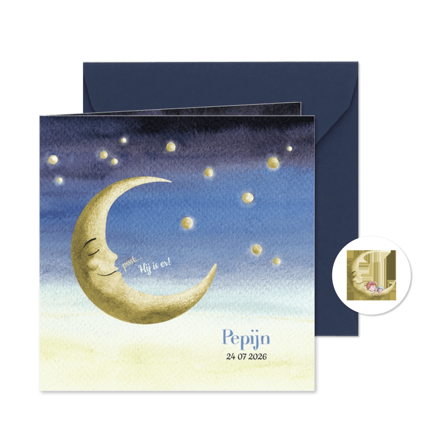 Geboortekaartje met maan en jongetje - Kaartimpressie