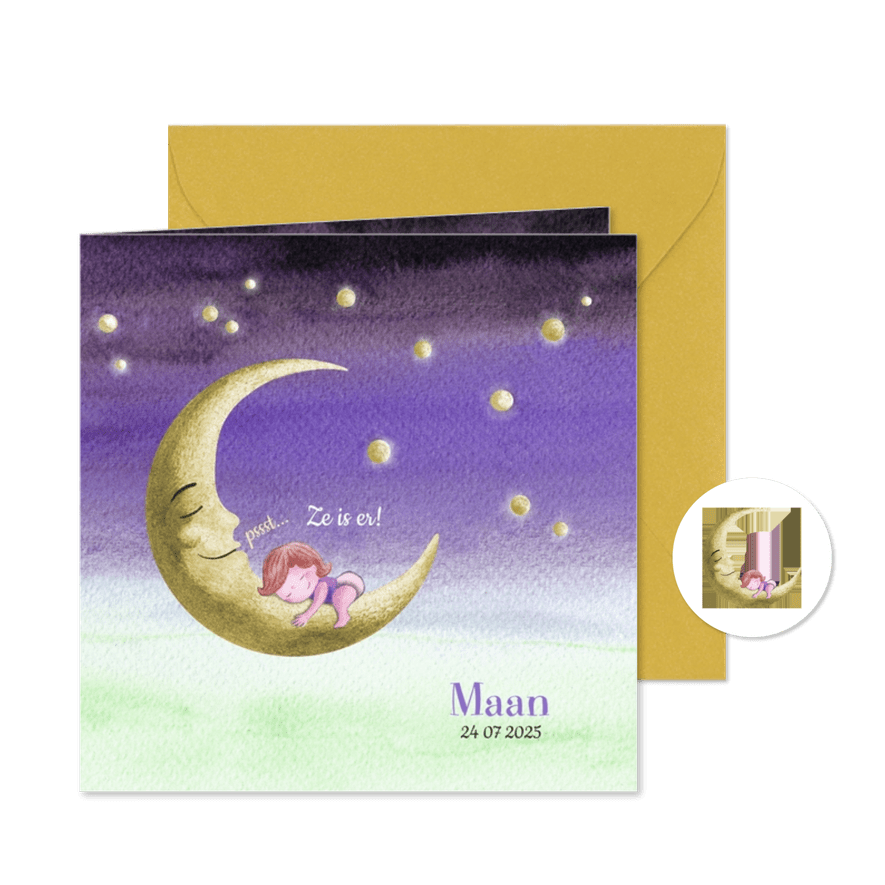 Geboortekaartje met maan voor een meisje - Kaartimpressie