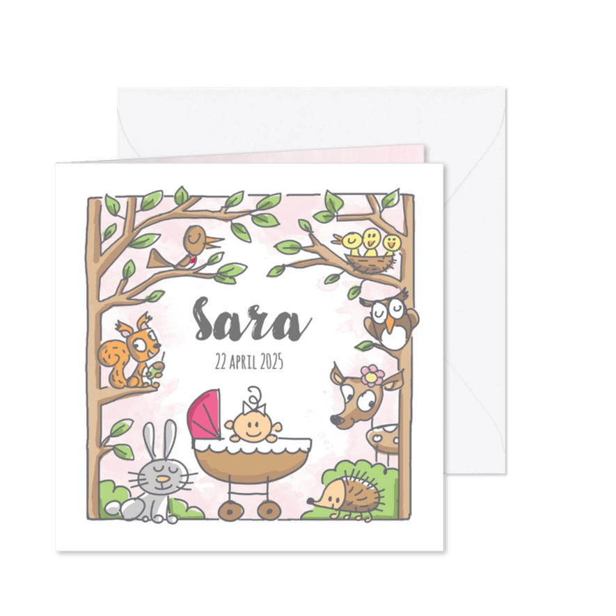 Geboortekaartje met meisje in bos met dieren - Kaartimpressie