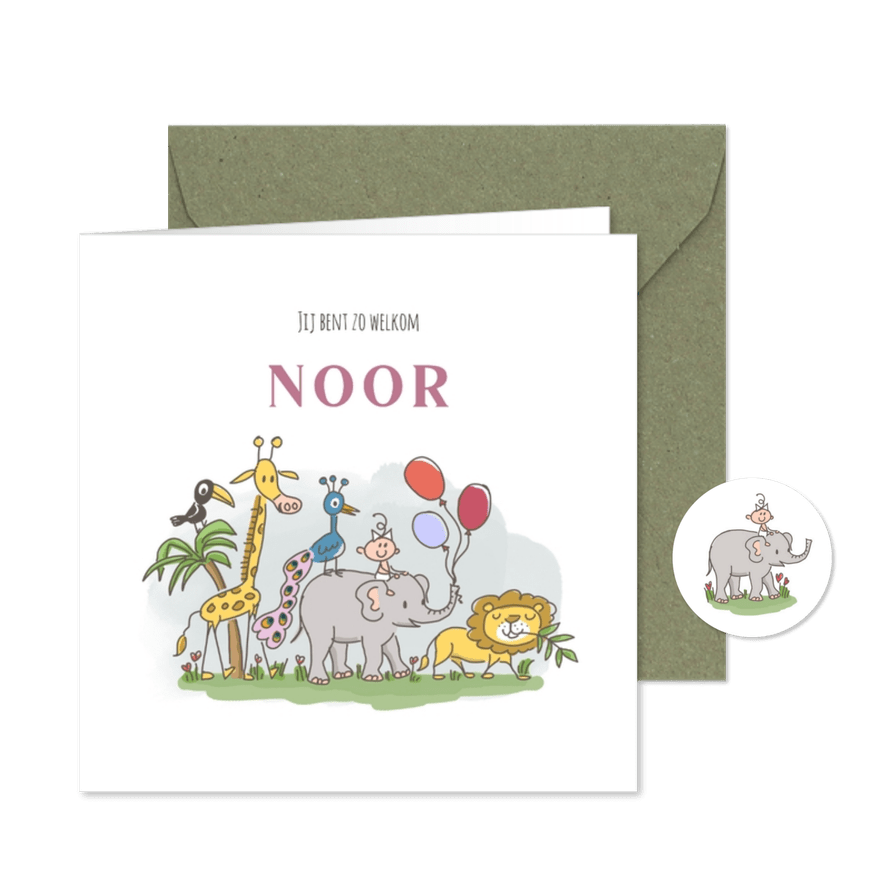 Geboortekaartje met meisje op olifant met wilde dieren - Kaartimpressie