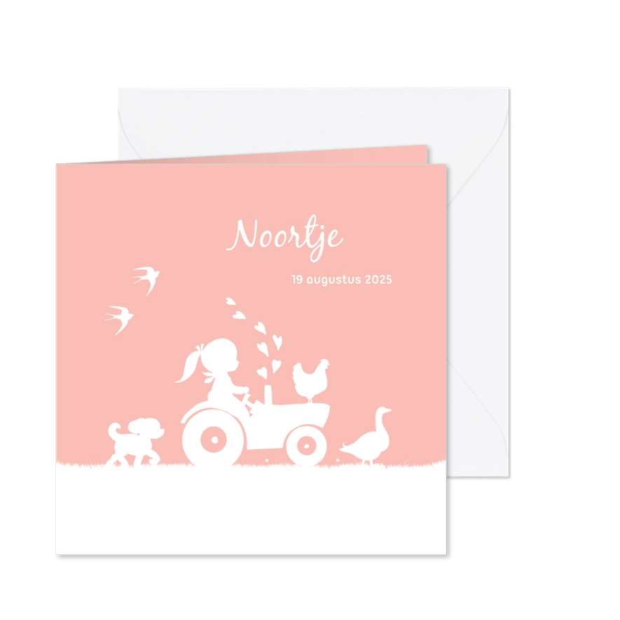 Geboortekaartje met meisje op trekker en boerderijdieren - Kaartimpressie