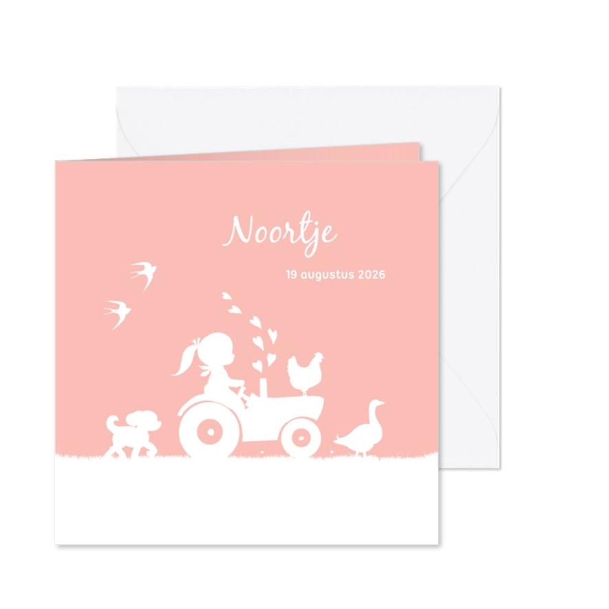 Geboortekaartje met meisje op trekker en boerderijdieren - Kaartimpressie