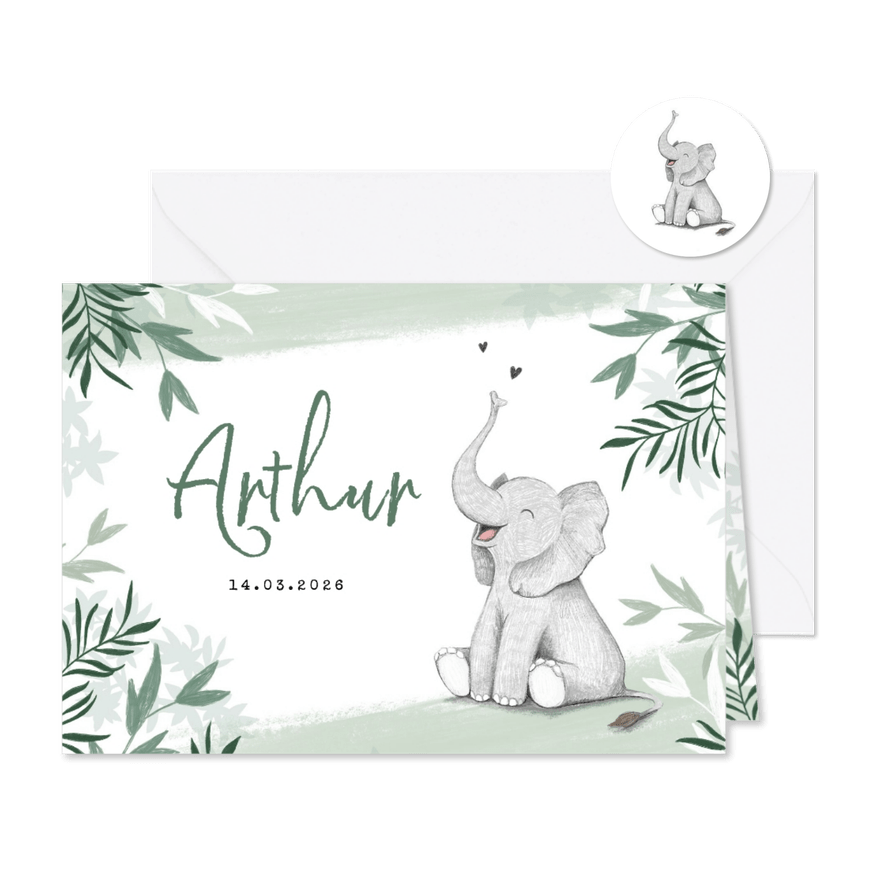 Geboortekaartje met olifant jongen groen jungle - Kaartimpressie