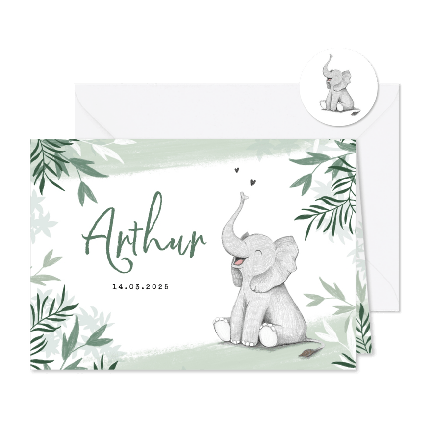 Geboortekaartje met olifant jongen groen jungle - Kaartimpressie