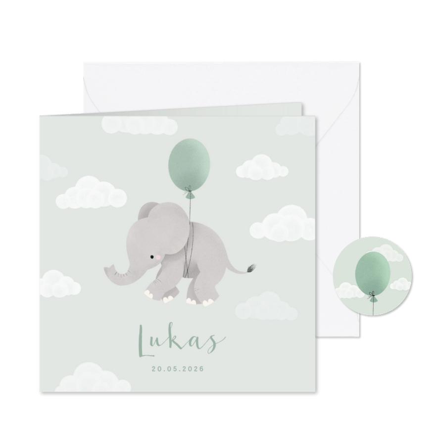 Geboortekaartje met olifantje aan ballon en wolkjes - Kaartimpressie