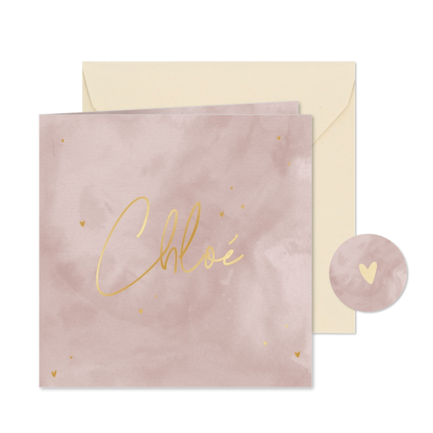 Geboortekaartje met oudroze waterverf en goudfolie hartjes - Kaartimpressie