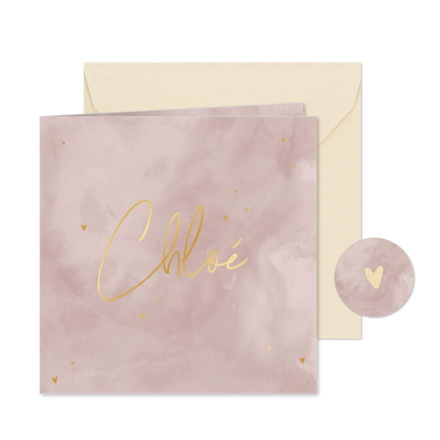 Geboortekaartje met oudroze waterverf en goudfolie hartjes - Kaartimpressie