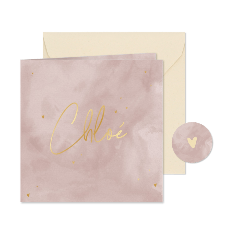 Geboortekaartje met oudroze waterverf en goudfolie hartjes - Kaartimpressie