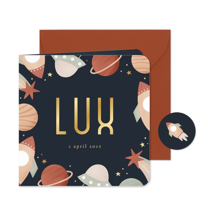 Geboortekaartje met planeetjes, sterren raket gekleurd - Kaartimpressie