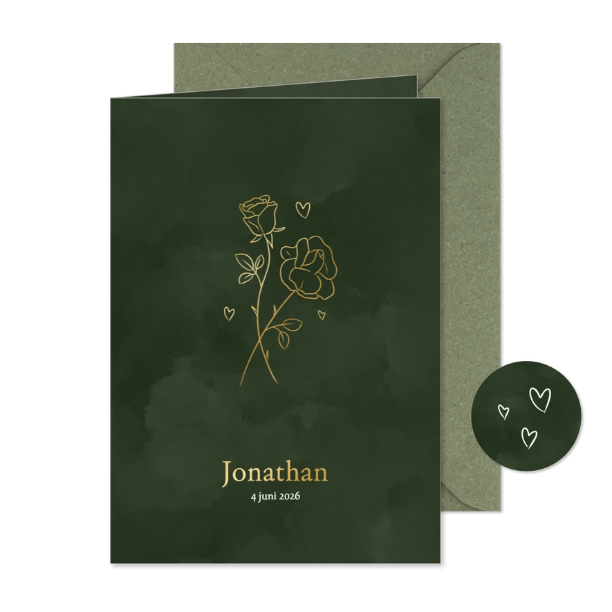 Geboortekaartje met roos geboortebloem donkergroen juni - Kaartimpressie